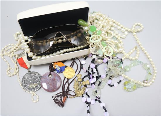 Mixed costume jewellery, Versace sunglasses and medals etc.